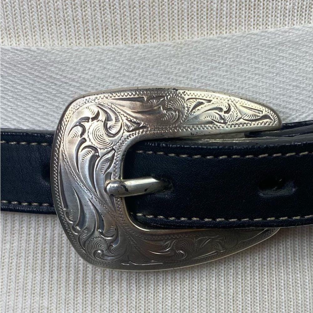 Western Black Leather Belt with Ornate Silver Buckle sz26